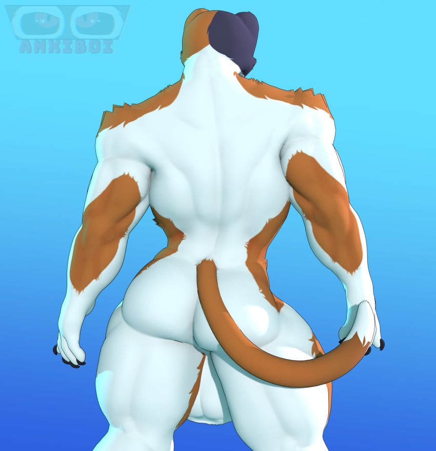 5_fingers abs anthro anxiboi ass balls big_balls big_butt blue_background brown_body brown_fur calico_cat claws domestic_cat epic_games felid feline felis fingers fortnite fur genitals hi_res male male_only mammal meowscles_(fortnite) multicolored_body multicolored_fur muscular muscular_anthro muscular_male simple_background solo thick_thighs white_body white_fur