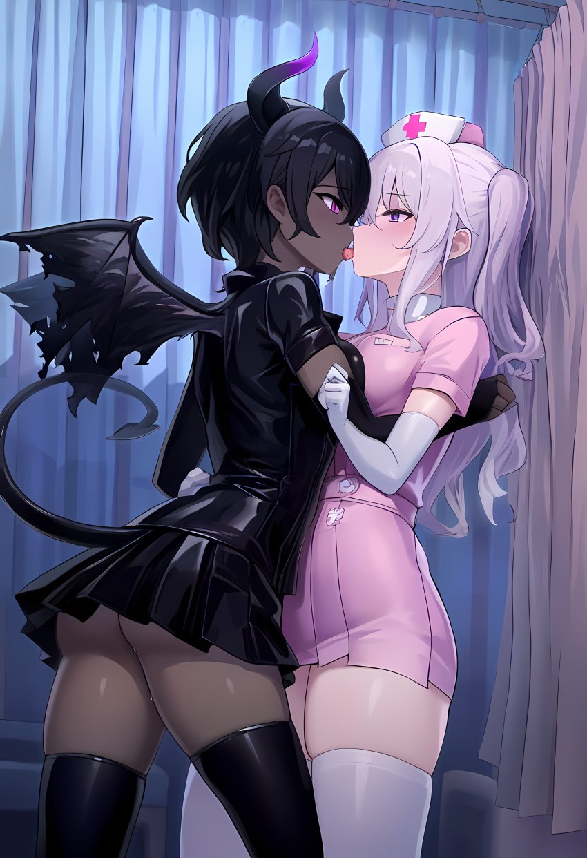 2girls ai_generated ass ass_visible_under_skirt dark_skin demon_girl demon_horns demon_tail demon_wings elbow_gloves femdom femsub french_kiss gloves hospital hospital_room hypnosis kissing latex lezdom lezsub mind_control minidress miniskirt novelai nurse nurse_cap nurse_uniform saliva seducing short_dress short_skirt skirt succubus thighhighs tongue torn_wings upskirt yuri