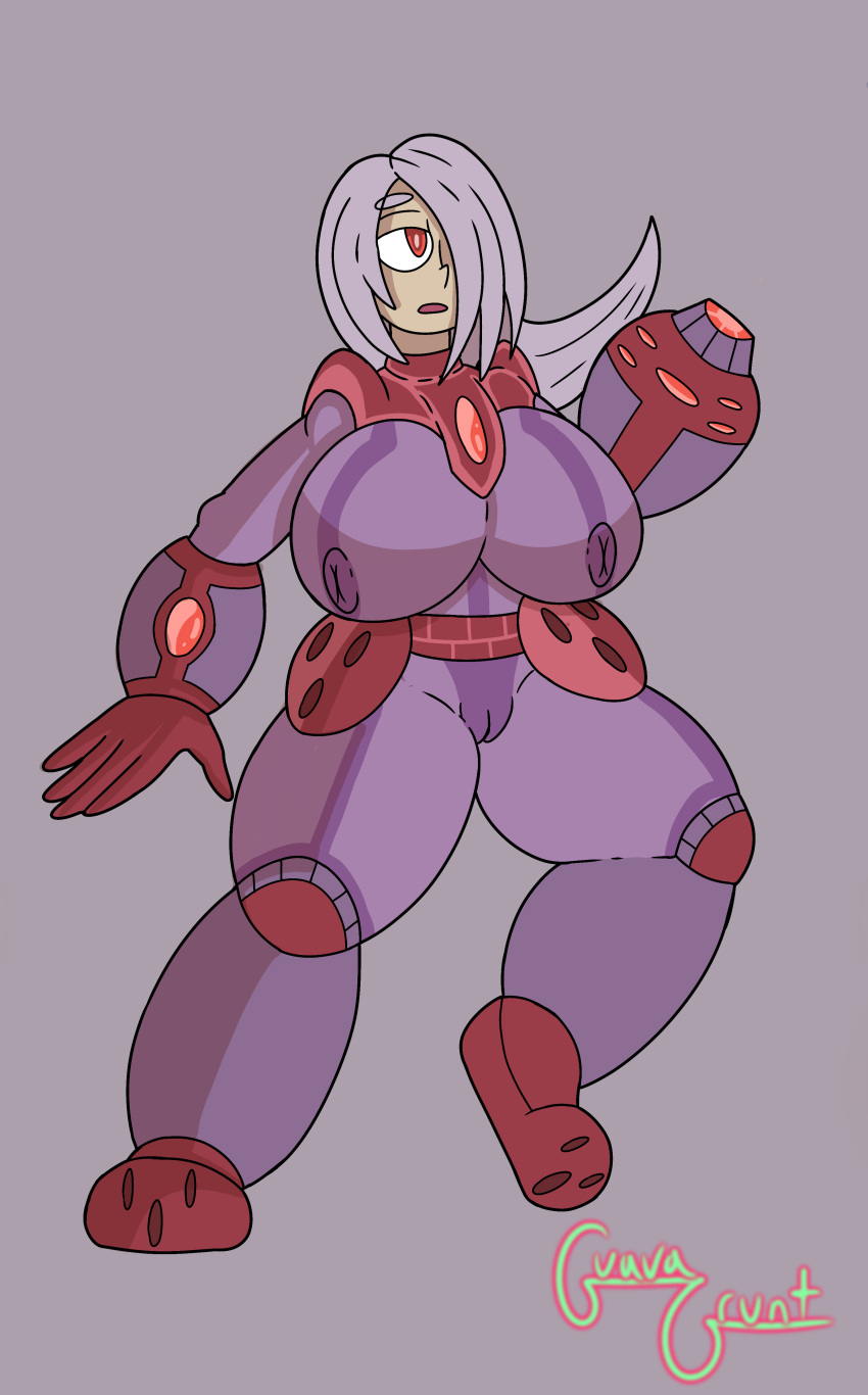 2d arm_cannon armor big_breasts boots clothed clothed_female guavagrunt hair_over_one_eye huge_breasts lilac_hair mega_buster mega_man nipples nipples_visible_through_clothing oc octave_(guavagrunt) original_character pose pussy pussy_visible_through_clothes red_eyes robot robot_girl robot_humanoid simple_background weapon