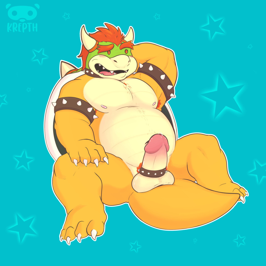 absurd_res anthro belly blushing_at_viewer body_hair bowser bracelet chest_hair cock_ring collar embarrassed hair hi_res jewelry koopa krepht male male/male male_only mario_(series) musclegut muscular nintendo overweight overweight_male red_hair scalie solo spiked_bracelet spiked_collar spikes yellow_body