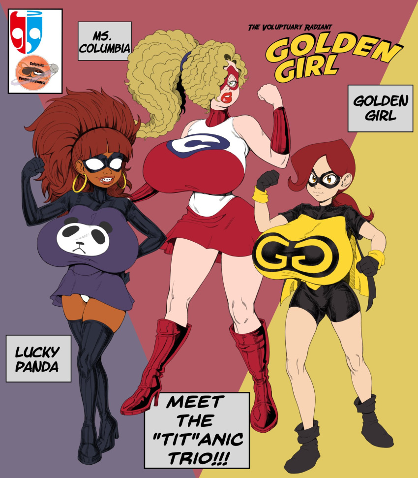 3girls audrey_page bodysuit female female_only golden_girl goodbadartist huge_breasts jessie_smith multiple_girls no_bra pamela_delgado the_developing_adventures_of_golden_girl