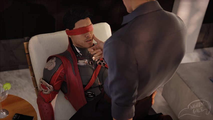 2boys clothed friends gay homoerotic johnny_cage johnny_cage_(new_era) kenshi_takahashi male/male male_focus male_only male_pov mortal_kombat mortal_kombat_1_(2023) netherrealm_studios nightin_galez red_blindfold sensual touching_face yaoi