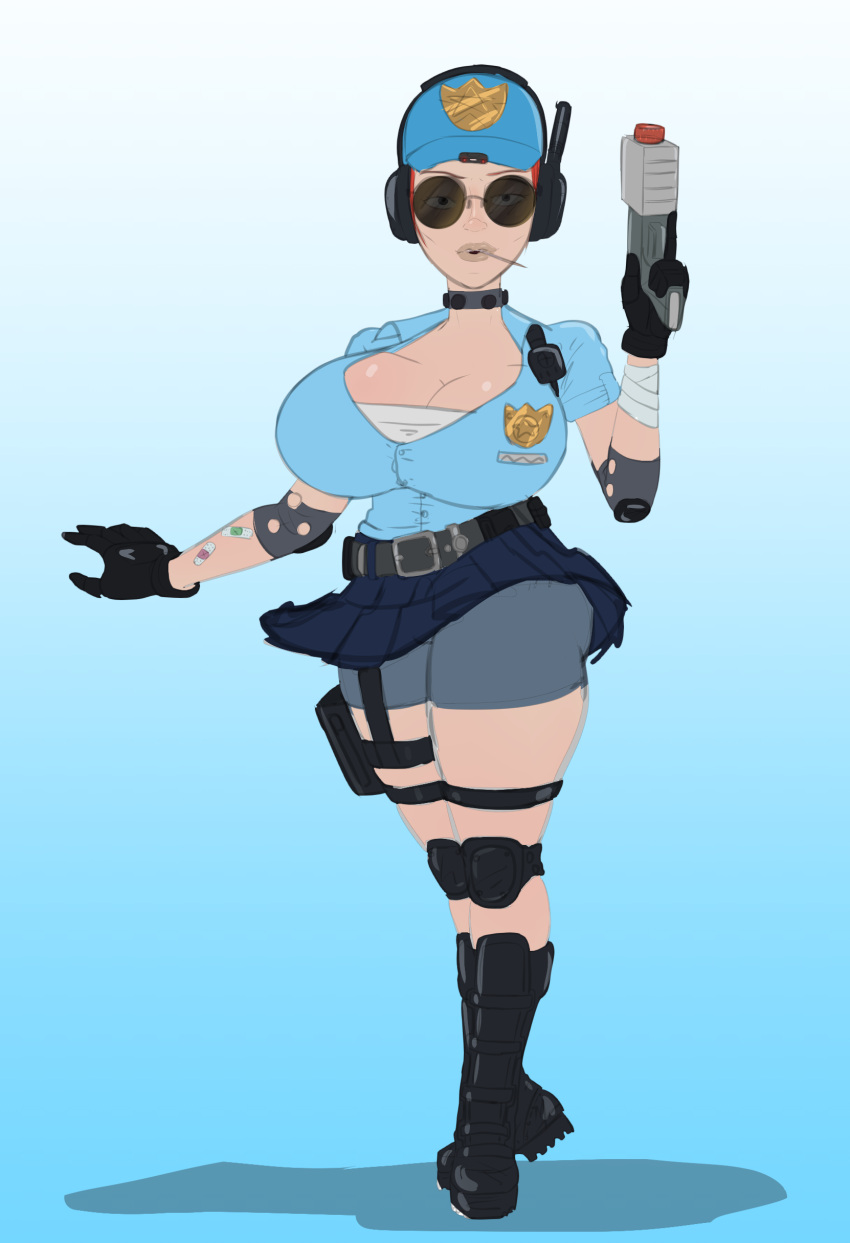 1girls bandaid boots cleavage color cop curvy diklonius female glasses gun hi_res high_boots huge_breasts looking_at_viewer police red_hair sketch skirt skirt_up thick_thighs wide_hips