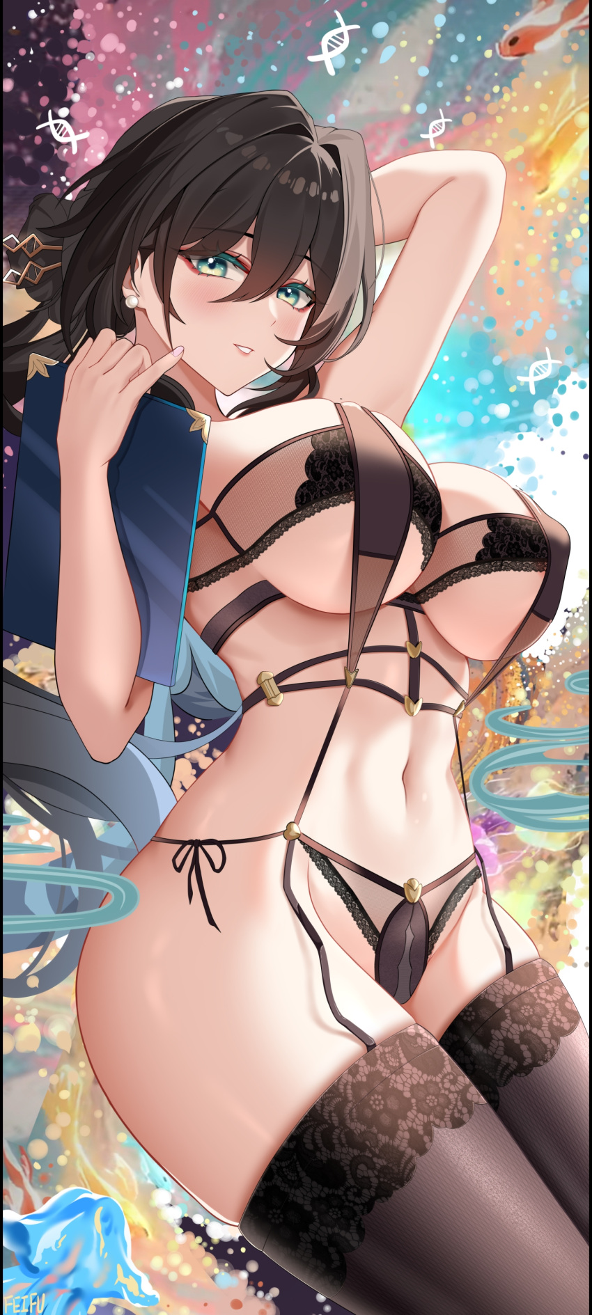 aqua_eyes arm_up black_bra black_hair black_panties black_thighhighs bra breasts cowboy_shot feifu female general hair_intakes hand_up holding honkai:_star_rail honkai_(series) hoyoverse large_breasts lingerie long_hair looking_at_viewer navel panties parted_lips ruan_mei_(honkai:_star_rail) side-tie_panties solo stomach thighhighs thighs underwear