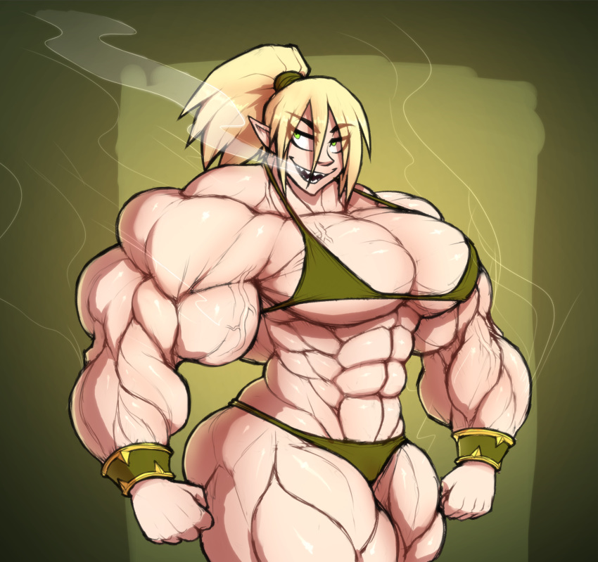 abs androgynous bikini bracelet extreme_muscles female green_eyes hyper_muscles muscular_female ponytail sharp_teeth thorstone veiny_muscles