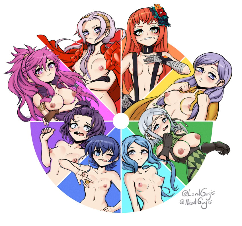 6+girls 8girls ;p alternate_hairstyle arms_under_breasts bandage bernadetta_von_varley blue_eyes blue_hair blush breasts_out cape coin collar color_wheel_challenge completely_nude crossed_arms dark_blue_hair edelgard_von_hresvelg embarrassed expressionless eyeshadow facial_mark farina_(fire_emblem) female female_only fingerless_gloves fire_emblem fire_emblem:_path_of_radiance fire_emblem:_radiant_dawn fire_emblem:_the_blazing_blade fire_emblem:_the_sacred_stones fire_emblem:_three_houses fire_emblem_awakening fire_emblem_engage fire_emblem_fates fire_emblem_warriors:_three_hopes flora_(fire_emblem) front_ponytail gesture gloves grey_hair grin headband human ilyana_(fire_emblem) large_breasts light_blue_hair long_hair looking_at_viewer lordguyis makeup marisa_(fire_emblem) money multiple_girls naked_cape naked_gloves nervous nintendo nipples noire_(fire_emblem) nude nude_female office_chair one_eye_closed open_mouth orange_hair panette_(fire_emblem) pink_eyes pink_hair ponytail pose purple_eyes purple_hair short_hair smile suspenders tongue tongue_out topless twintails wink yellow_eyes