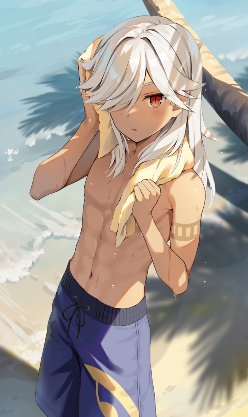 1boy abs beach cyno_(genshin_impact) genshin_impact iroiro_0w0 just_no male_only nipples red_eyes solo swimsuit swimwear twink white_hair