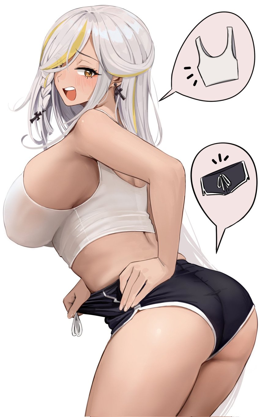 1girls amber_eyes artist_request ass booty_shorts breasts dolphin_shorts female hair_over_one_eye huge_breasts large_ass long_hair luvdia park_dona short_shorts shorts tank_top thick_thighs virtual_youtuber white_hair