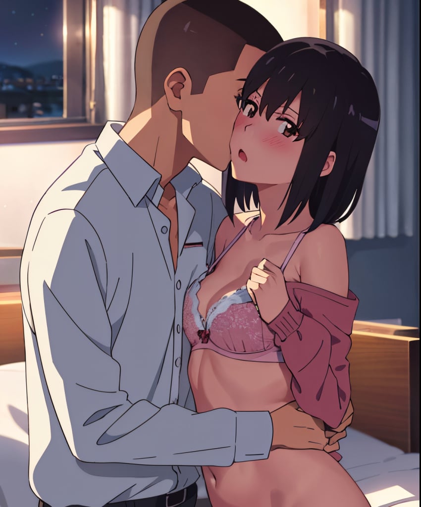 1boy black_hair blush bra breasts commentary english_commentary female happy_birthday highres kimi_no_na_wa. metadata_request miyamizu_mitsuha model_request nan0ha navel netorare pink_bra self-upload straight teshigawara_katsuhiko underwear window