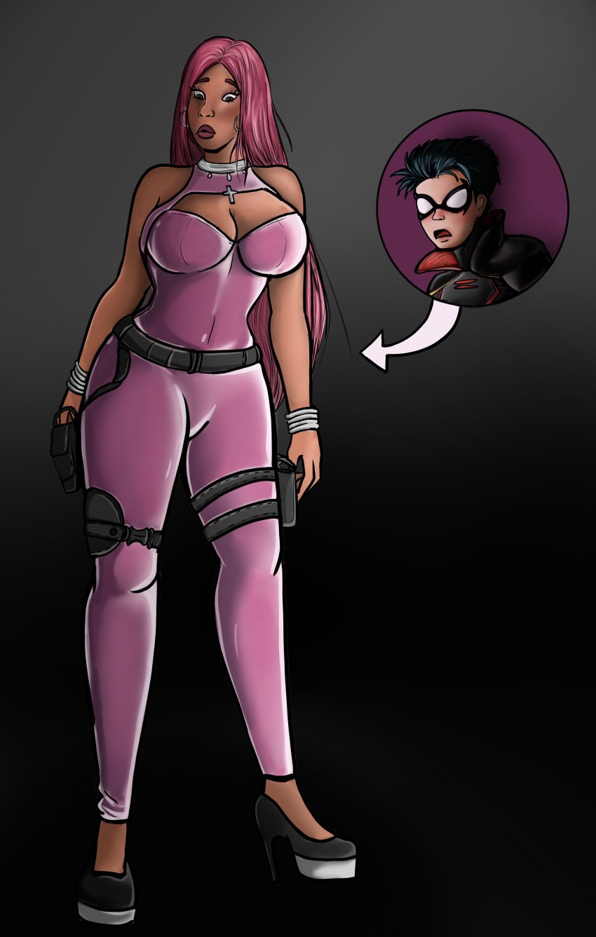 black_female cleavage cleavage_cutout damian_wayne dark-skinned_female dark_skin dc dc_comics female gender_transformation genderswap genderswap_(mtf) heels male nicki_minaj pink_outfit robin_(damian_wayne) robin_(dc) rule_63 skin_tight tagme