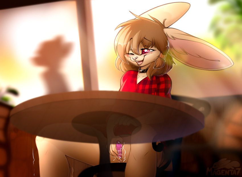 2019 anthro blurred_background bottomless brown_hair canid canine clothed clothing day detailed_background digital_media_(artwork) female fennec fox fur hair magenta7 mammal masturbation open_mouth outside pussy red_eyes sitting smile tan_fur teeth tongue