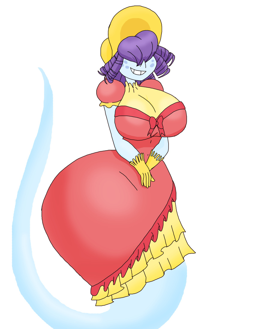 1girls big_breasts blue_skin breasts cartoon_network covered_eyes covered_navel dress freckles ghost gloves hat large_breasts mighty_magiswords penny_plasm purple_hair red_dress smile smilesaidboredgirl teeth transparent_background yellow_gloves