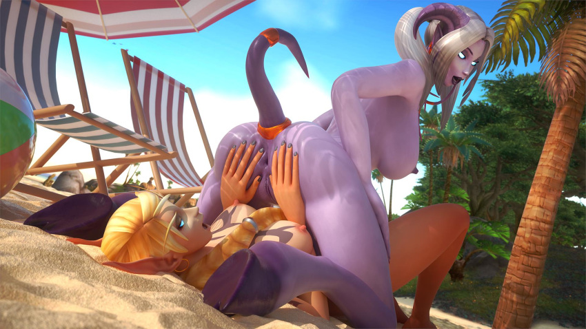 2019 2girls 3d anus areolae ass beach blizzard_entertainment blood_elf breasts draenei female female_only hooves horns large_ass nipples original_character pointy_ears purple_skin pussy tektah tektah_(tektah) warcraft world_of_warcraft yuri