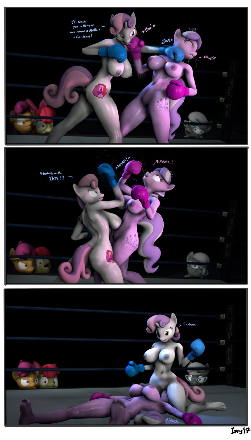 3d 3d_(artwork) 5girls absurd_res anthro apple_bloom_(mlp) barely_visible_genitalia barely_visible_pussy big_breasts blue_boxing_gloves blue_gloves bodily_fluids boxing boxing_gloves boxing_gloves_only boxing_ring breasts catfight comic dialogue diamond_tiara_(mlp) duo_focus equid facesitting female_only fight friendship_is_magic furry gloves hair_on_head hi_res horn isisazza isiyazza mammal my_little_pony nude nude_boxing purple_boxing_gloves purple_gloves pussy scootaloo_(mlp) silver_spoon_(mlp) sweat sweetie_belle_(mlp) unicorn