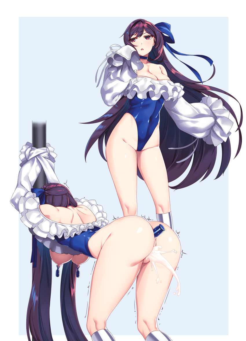 absurdres anal anal_insertion ass back bangs blue_background blue_ribbon bound bound_arms breasts choker cleavage cosplay covered_navel cum cum_in_pussy cumdrip fate/grand_order fate_(series) female female_admiral_(kantai_collection) frills hair_ribbon hiememiko highleg highleg_leotard highres insertion kantai_collection leotard long_hair meltlilith meltlilith_(swimsuit_lancer) meltryllis_(swimsuit_lancer)_(cosplay) nipple_piercing nipples open_mouth piercing purple_eyes purple_hair ribbon simple_background sleeves_past_wrists trembling very_long_hair