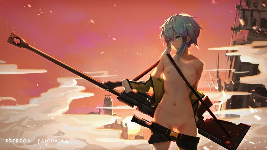 aqua_eyes aqua_hair asada_shino breasts faicha nude pussy short_hair sinon sniper_rifle sword_art_online thigh_gap uncensored waifu2x