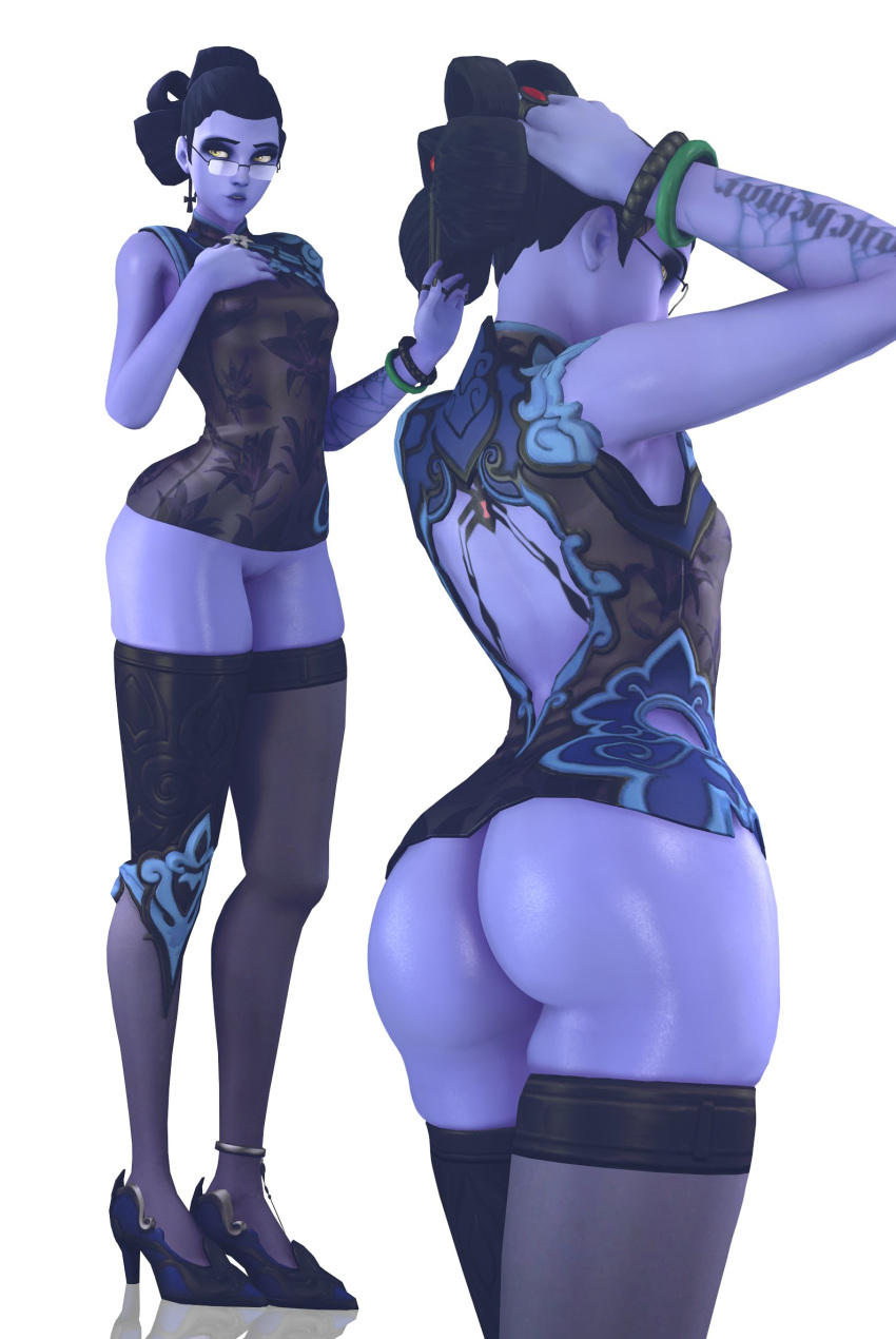 1girls 3d alternate_costume ass batesz black_lily_widowmaker female female_only high_heels overwatch pussy solo source_filmmaker thighhighs widowmaker