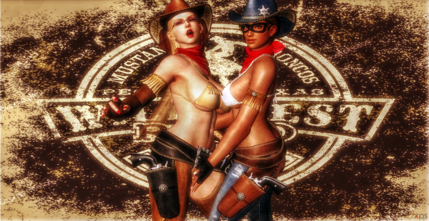 2girls 3d alternate_costume areolae background belly belly_button belt belts blonde_hair bra brown_eyes brown_hair buckle buckles closed_eyes cow_girl cybercole360 dark-skinned_female dark_skin dead_or_alive dead_or_alive_5 dead_or_alive_5_last_round eye_contact eyebrows eyelashes eyeliner eyes eyeshadow female fingering fingering_partner fingerless_gloves fingers firearm games glove gun guns gunslinger half_dressed handgun hat head_up holster holstered_weapon holsters human kunoichi legs lips lipstick lisa_hamilton logo long_hair looking_at_viewer looking_away looking_pleasured makeup mask masked medium_breasts mostly_nude multiple_girls nail_polish nails navel ninja_gaiden nude open_mouth pale-skinned_female pale_skin posing rachel_(ninja_gaiden) red_fingernails red_lipstick render revolver rodeo rubbing rubbing_pussy scarf short_hair standing standing_up tactical_nudity teasing tecmo video_games weapon weapons white_fingernails xnalara xps