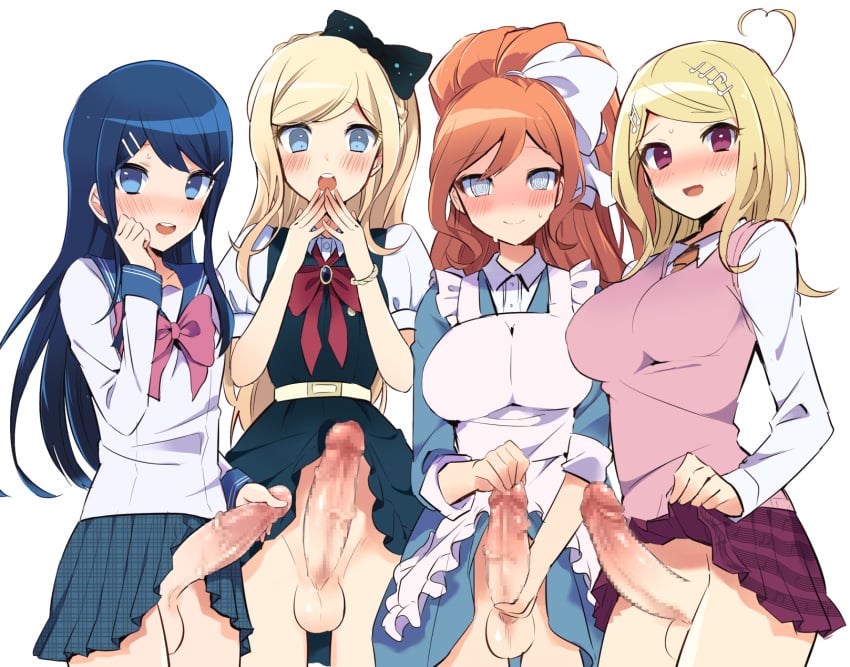 4futas akamatsu_kaede balls blush censored comparing_penis danganronpa danganronpa_2:_goodbye_despair danganronpa_3 dickgirl erection fully_clothed futa_only futanari horny intersex maizono_sayaka new_danganronpa_v3 penis penis_under_clothes sonia_nevermind testicles upskirt white_background yu11ma11 yukizome_chisa