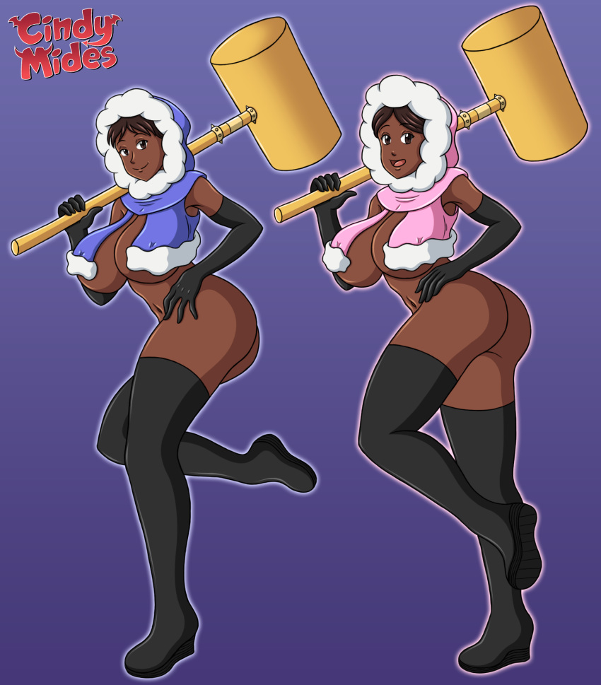 2girls alternate_skin_color ass big_ass big_breasts big_butt black_gloves breasts brown_eyes brown_hair butt cindymides commission dark-skinned_female dark_skin duo elbow_gloves female hammer hood human human_only ice_climber looking_at_viewer nana_(ice_climber) nintendo open_mouth popo_(ice_climber) rule_63 smile tease weapon