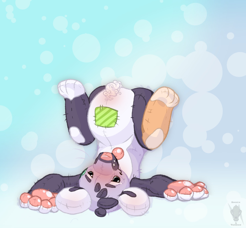 2019 ambiguous_gender anthro blush cloth digital_media_(artwork) hi_res looking_at_viewer mammal paws plushie shockandterror smile solo stuffing_(material) teddy_bear tongue tongue_out