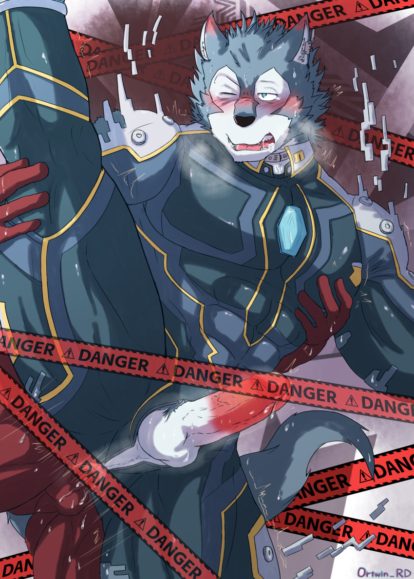 anal anal_sex anthro balls blush bodily_fluids bodysuit breke canid canine canis clothing cum erection genital_fluids hi_res male male/male mammal muscular muscular_male open_mouth otouen penetration penis tight_clothing tokyo_afterschool_summoners video_games wolf zipper