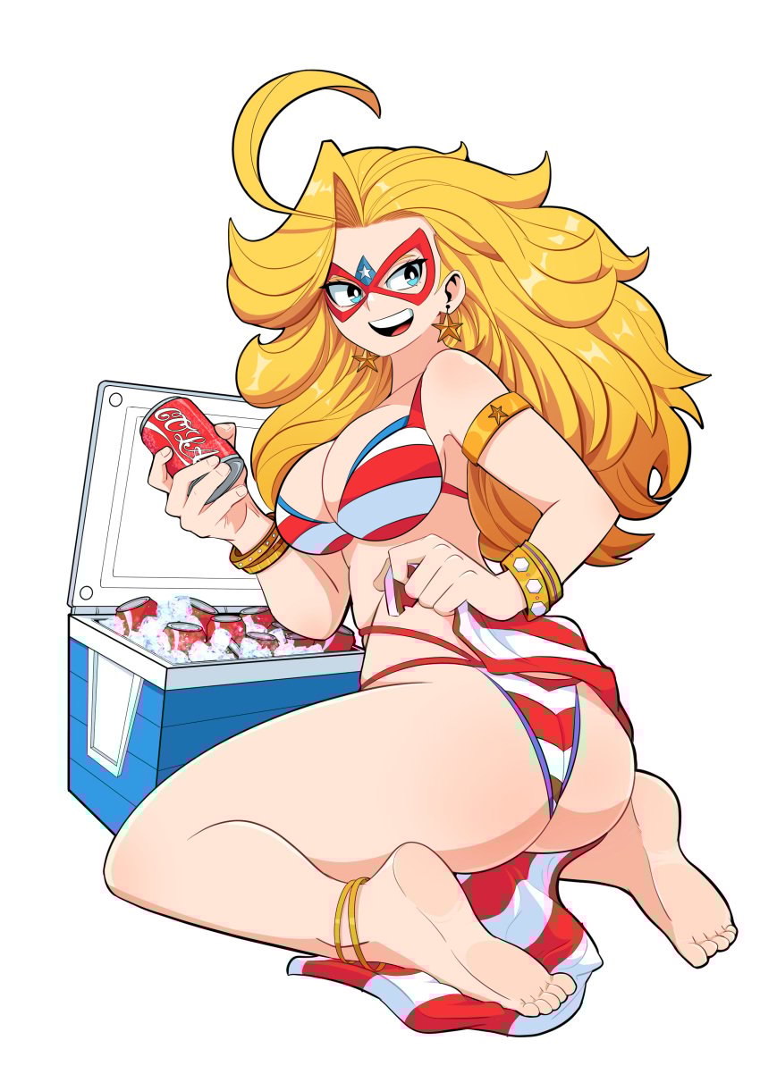 american_flag_bikini ass blonde_hair blue_eyes charlotte_vanders kamen_america kamen_america_(character) kamen_america_(series) mask soda
