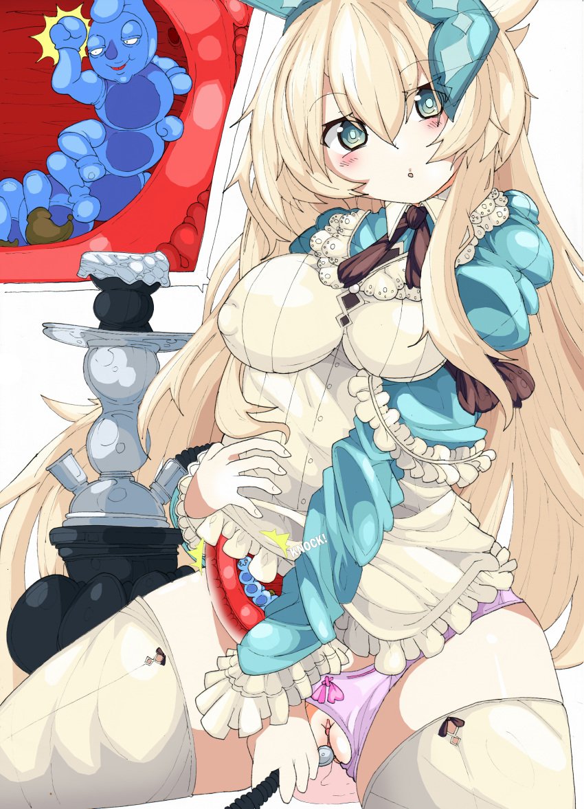 alice_(grimms_notes) alice_in_wonderland alice_liddell_(cosplay) blue_eyes blush caterpillar clothing creature_inside cross_section domaniax female grimms_notes inflation insects interspecies long_hair object_insertion open_mouth panties panties_aside parasite pink_panties pipe_smoking pussy size_difference spread_legs the_caterpillar thighhighs unbirthing uterus vaginal_penetration vore worm x-ray yellow_hair