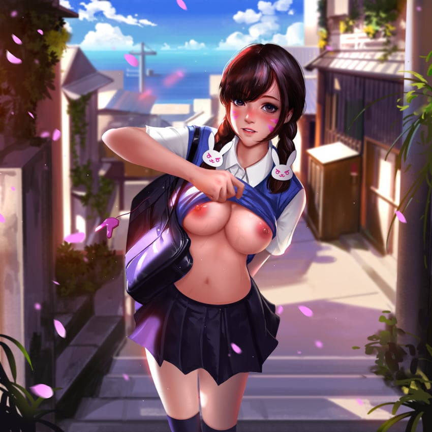 1girls academy_d.va alternate_costume asian bare_midriff blizzard_entertainment blush braid braided_hair braided_twintails breasts brown_eyes brown_hair cute d.va egirl eyelashes eyeliner facial_mark facial_markings female female_only flashing flashing_breasts fringe hair_ornament highres liang_xing light_skin long_hair looking_at_viewer medium_breasts midriff nipples no_bra overwatch pale_skin presenting_breasts sailor_uniform school_uniform schoolgirl serafuku shirt shirt_lift skinny skirt slim smile solo teenager thighhighs twintails undressing upskirt video_games wet whisker_markings