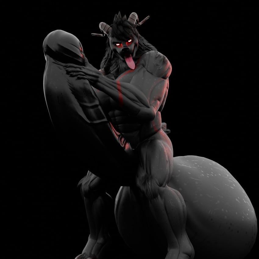 absurd_res anthro balls big_balls big_penis cassius_lewandowskiago cassthegoat dark_body dark_fur fur fur_markings genitals glowing glowing_eyes grey_body grey_fur hi_res huge_balls huge_cock hyper hyper_balls hyper_genitalia hyper_penis long_tongue male markings muscular muscular_anthro muscular_male penis red_markings simple_background solo tongue