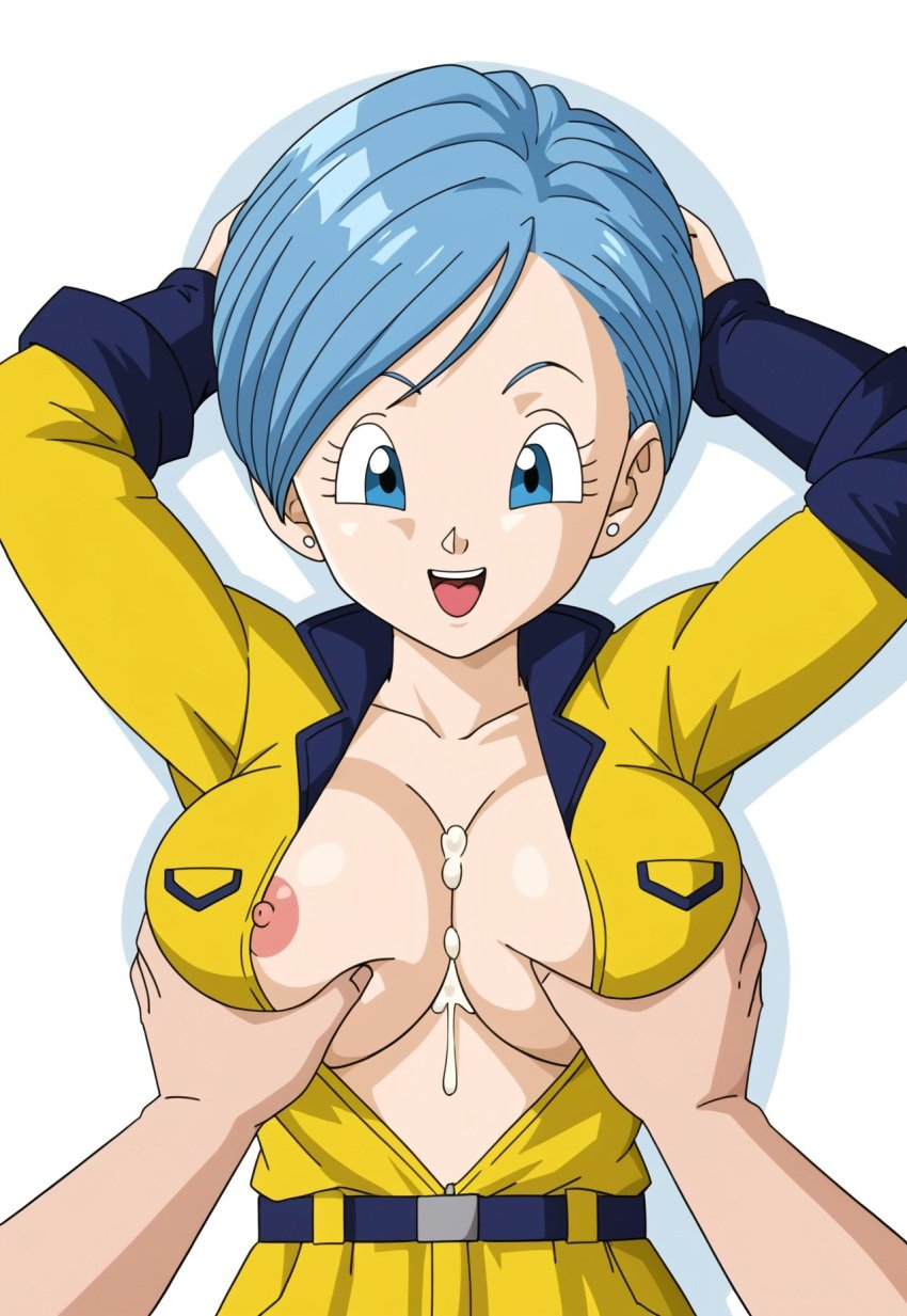 1boy ai_generated big_breasts blue_eyes blue_hair bodysuit breast_grab bulma_briefs bulma_briefs_(dragon_ball_super_superhero) civitai cum_on_breasts dragon_ball dragon_ball_super dragon_ball_super_super_hero female grabbing_breasts jumpsuit large_breasts nipple_slip nipples pov_hands short_hair son_goku yellow_jumpsuit