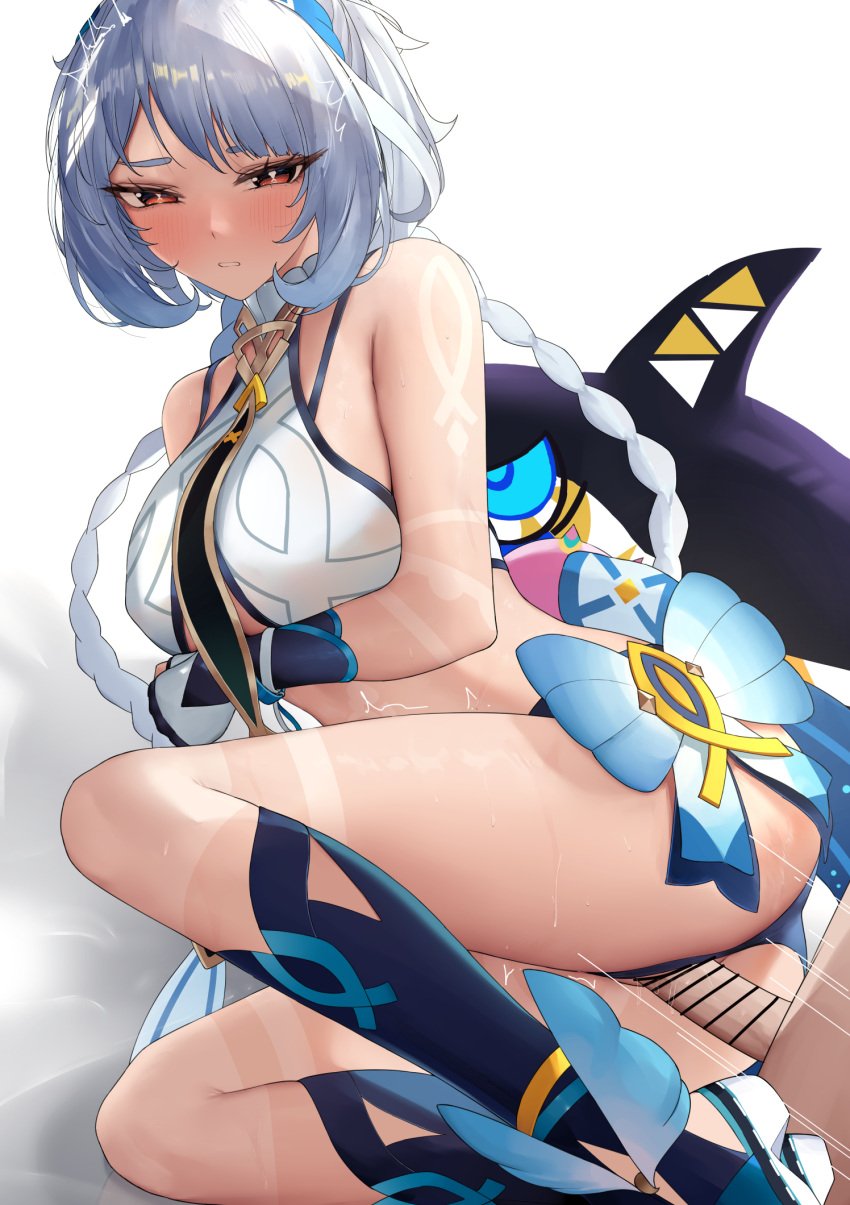 1boy alternate_breast_size ass bare_shoulders blue_hair blue_socks blush body_markings braid breasts censored clenched_teeth commentary_request crop_top female fish-shaped_pupils genshin_impact hawaiian_clothes highres koholasaurus_(species) large_breasts light_blue_hair long_hair looking_at_viewer low_twin_braids mualani_(genshin_impact) multicolored_hair n9at penis pussy red_eyes sex sex_from_behind shark simple_background socks solo straight streaked_hair sweat teeth thighs twin_braids vaginal_penetration white_background white_hair