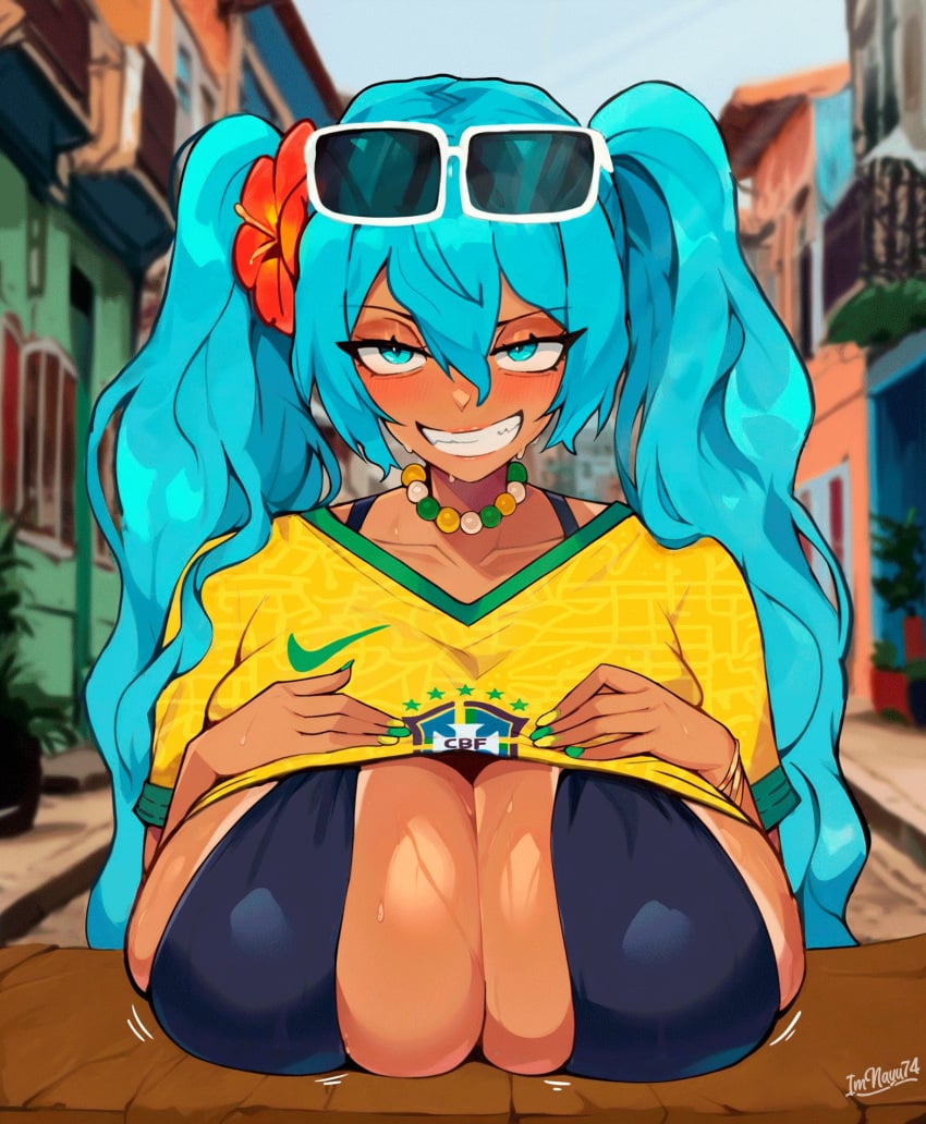 ai_generated alternate_breast_size aqua_eyes aqua_hair aqua_nails artist_name bead_necklace beads bikini bikini_under_clothes black_bikini blue_eyes blue_hair blurry blurry_background blush bra bracelet brazil brazilian brazilian_female brazilian_miku breast_rest breast_suppress breasts breasts_on_table cleavage clothes_lift collarbone dark-skinned_female dark_skin day eyewear_on_head female flower grin hair_between_eyes hair_flower hair_ornament hands_on_own_chest hatsune_miku hibiscus huge_breasts im_nayu74 jewelry large_breasts long_hair looking_at_viewer nail_polish naughty_face necklace outdoors pearl_necklace print_shirt raised_eyebrow shirt shirt_lift short_sleeves smile solo sunglasses sweat tan tanlines teeth twintails twitter_username upper_body very_long_hair vocaloid yellow_shirt