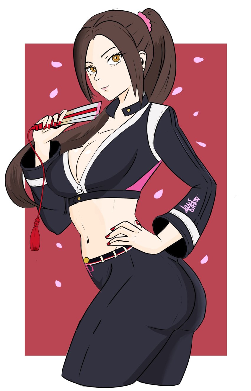 1girls big_ass big_breasts big_butt brown_eyes brown_hair clothed fatal_fury fatal_fury:_city_of_the_wolves jeans king_of_fighters long_hair mai_shiranui pants petals tied_hair