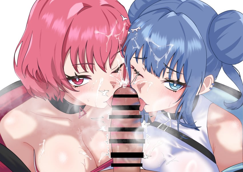 1boy 2girls absurdres bar_censor blue_eyes blue_hair breasts censored choker commission cooperative_fellatio cum cum_on_body cum_on_breasts cum_on_hair double_bun duel_monster erection evil_twin_ki-sikil evil_twin_lil-la fellatio hair_bun highres ki-sikil_(yu-gi-oh!) large_breasts lil-la_(yu-gi-oh!) lipstick lipstick_mark lipstick_on_penis multiple_girls oldsickkim one_eye_closed oral pink_hair pixiv_commission short_hair yu-gi-oh!