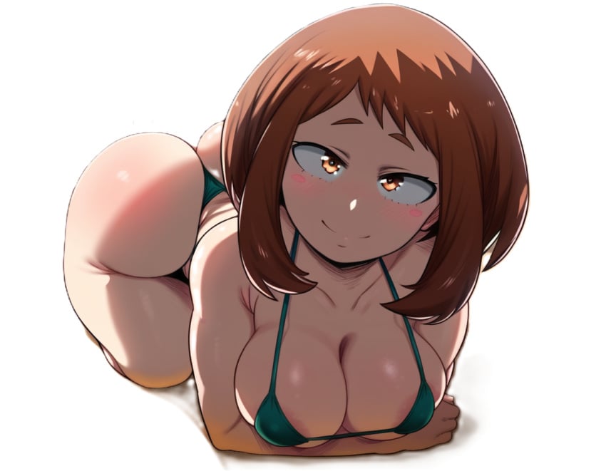 1girls ai_generated ass big_ass big_breasts big_butt bikini blush female female_only looking_at_viewer my_hero_academia no_background ochako_uraraka randomran smile smiling smiling_at_viewer solo solo_female solo_focus white_background