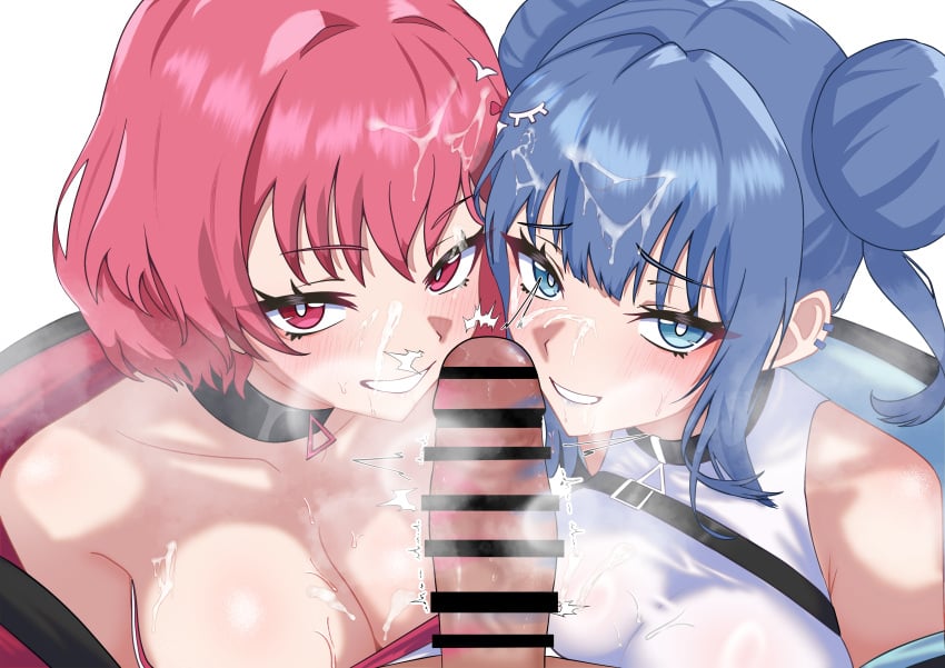 1boy 2girls absurdres bar_censor blue_eyes blue_hair breasts censored choker commission cooperative_fellatio cum cum_on_body cum_on_breasts cum_on_hair double_bun duel_monster erection evil_twin_ki-sikil evil_twin_lil-la facial fellatio female grin hair_bun highres ki-sikil_(yu-gi-oh!) large_breasts lil-la_(yu-gi-oh!) multiple_girls oldsickkim oral pink_hair pixiv_commission short_hair smile yu-gi-oh!