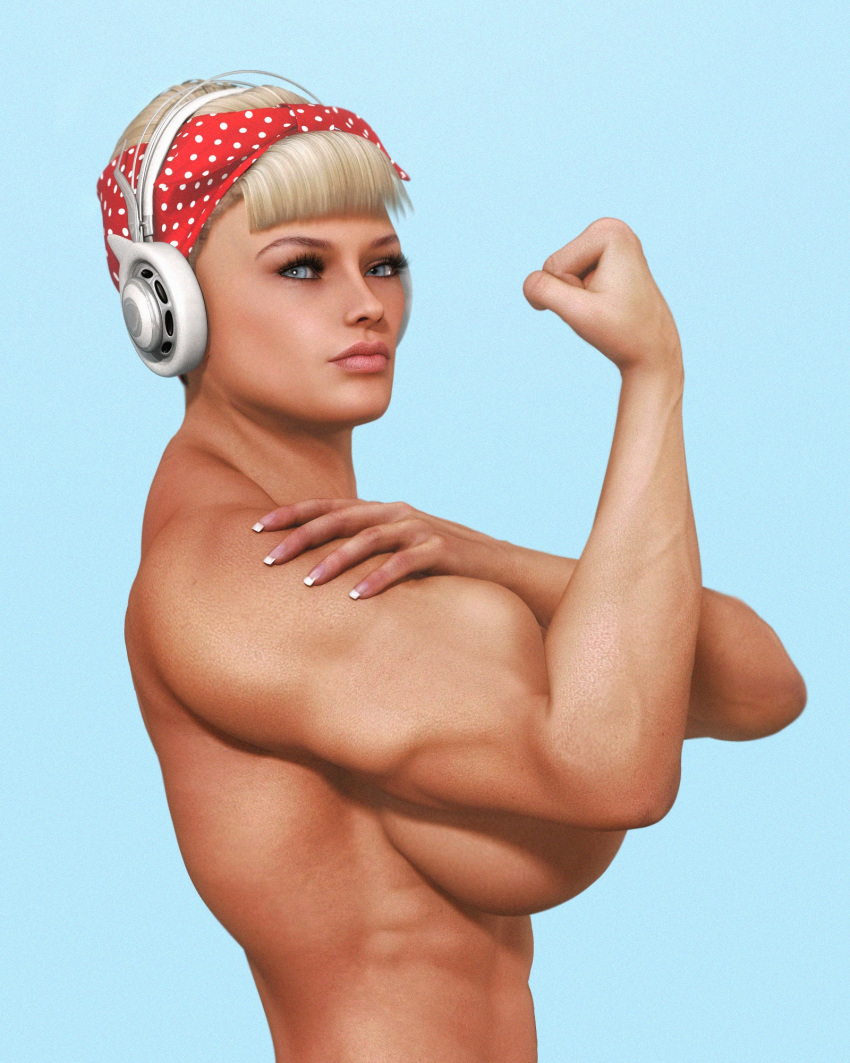 1girls 3d balakir bare_shoulders big_breasts blonde_hair busty chains curvy eyelashes female female_only flexing grey_eyes headphone human muscle muscular muscular_female no_bra original_character pose posing shiny shiny_skin short_hair side_view simple_background solo voluptuous