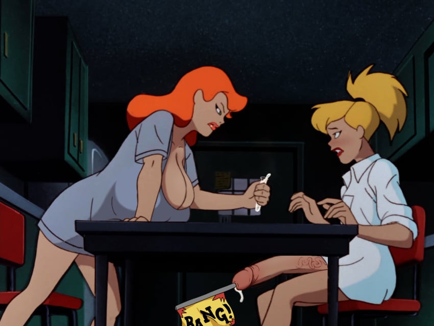 1futa 1girls alternate_breast_size angry batman:_the_animated_series batman_(series) big_breasts big_penis biting_lip blonde_hair blue_eyes blush breasts canonical_scene cartoon_network chair cleavage clothes clothing cum cum_leak cum_leaking dc_comics dcau dickgirl edit erect_penis erection female flag futa_urethral_insertion futa_with_female futanari giant_breasts giant_penis harleen_quinzel harley_quinn human hyper_breasts inside intersex leaning leaning_forward leaning_on_object lipstick long_penis looking_at_another penis poison_ivy poison_ivy_(dcau) ponytail red_hair screenshot screenshot_edit semen sitting table test_tube urethral_insertion urethral_penetration veiny_penis yetig