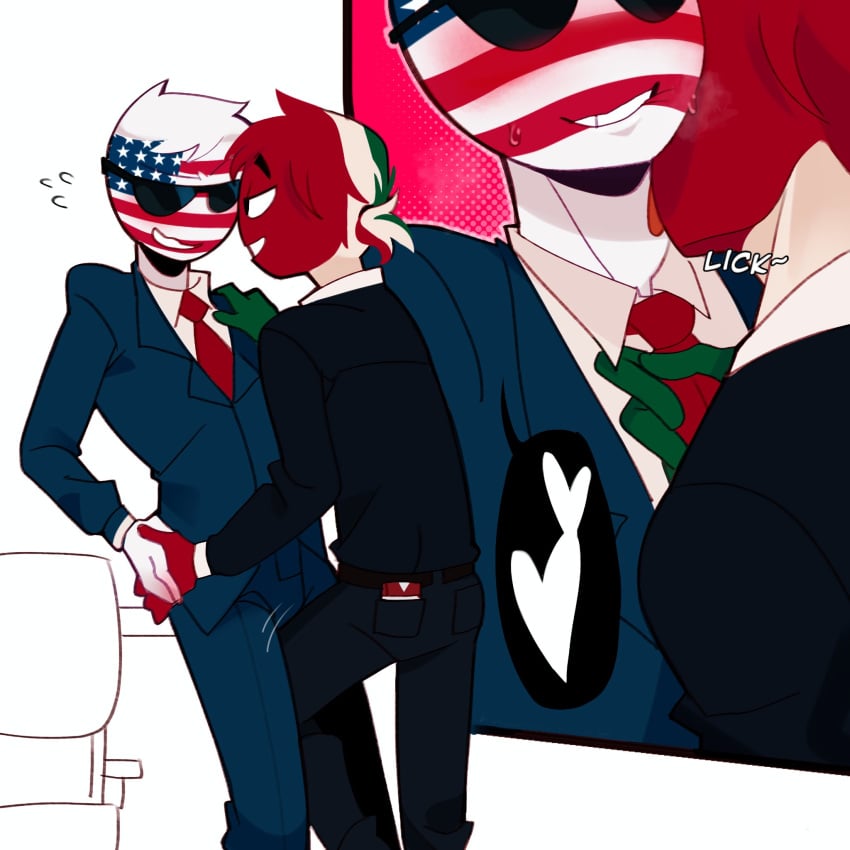 countryhumans dominant_male foreplay gay grabbing_necktie imminent_sex licking_neck male_only mexico_(countryhumans) shaking_hand submissive_male sunglasses united_states_of_america_(countryhumans)