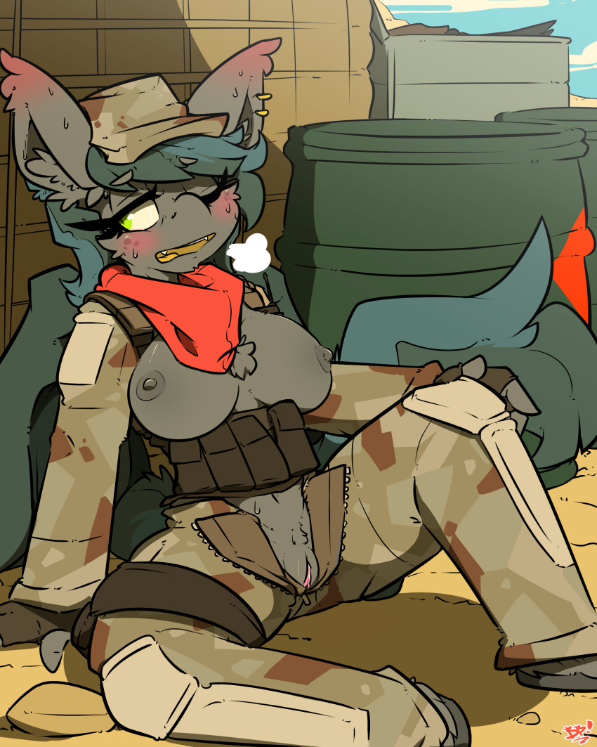 absurd_res anthro bat_pony bbsartboutique blush bodily_fluids breasts camo clothed clothing equid equine erect_nipples exposed_breasts female furry heat_(temperature) hi_res mammal military my_little_pony nipples notde_(oc) nude open_shirt overheated pubes pussy soldier solo sweat unzipped_pants