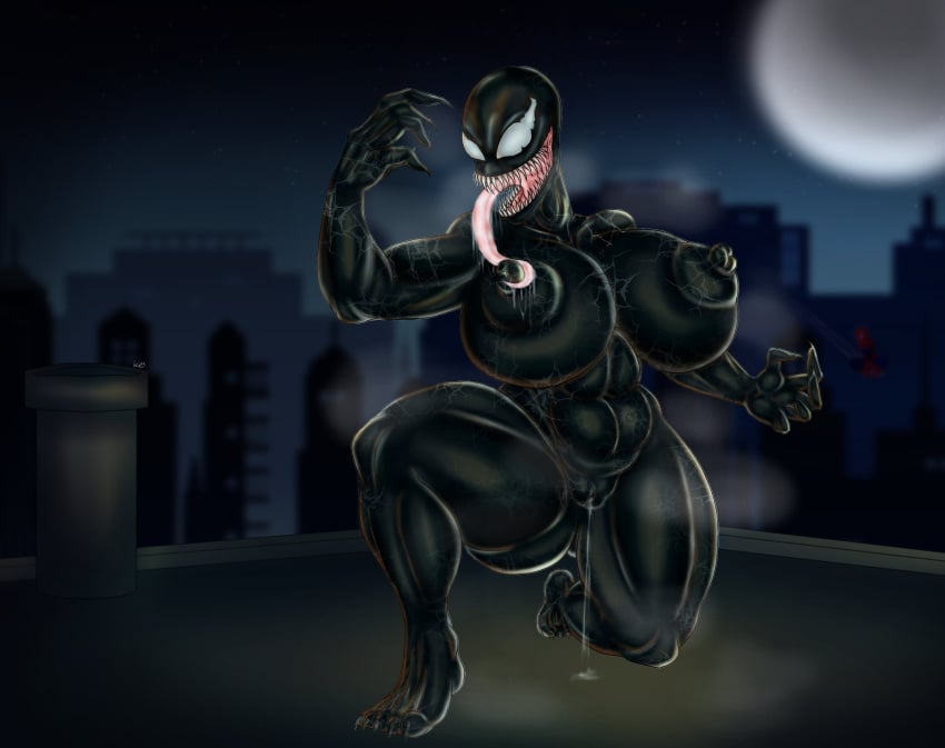 1girls big_breasts female female_only humanoid licking_nipple marvel marvel_comics nipples nude on_rooftop pussy_juice_drip sharp_teeth shaved_crotch she-venom solo spider-man_(series) tongue tongue_out vagina