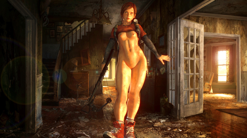 1girls 3d abs crossbow ellie_(the_last_of_us) ellie_williams female female_only human pantsless petite red_shirt shoes shortstack small_breasts sneakers solo standing tagme the_last_of_us thick_thighs toned toned_female weapon