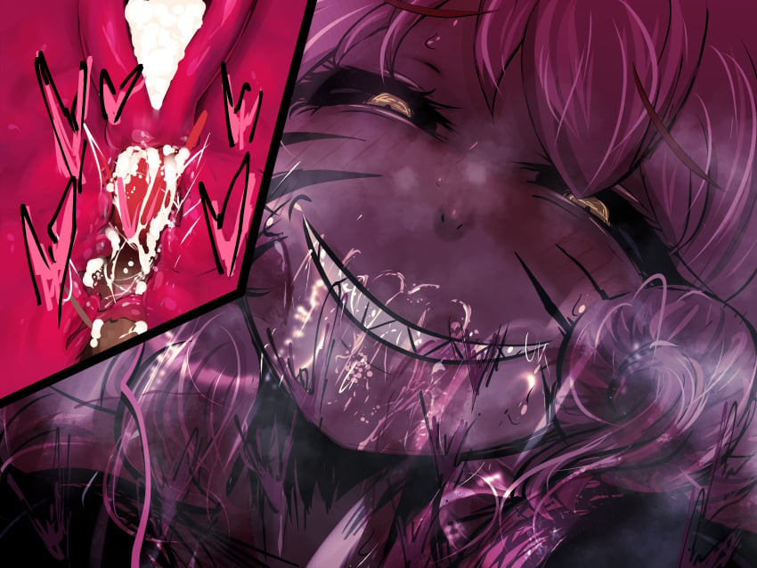 black_sclera blush colored_sclera commentary commentary_request cum dark_skin drooling english_text excessive_saliva female heavy_breathing highres incoming_kiss internal_cumshot monster_girl_dreams open_mouth penis pink_hair pussy rabbit_girl rando0501mark2 saliva sex sharp_teeth teeth tongue tongue_out uterus vagnina variant_set venefica_(monster_girl_dreams) yellow_eyes