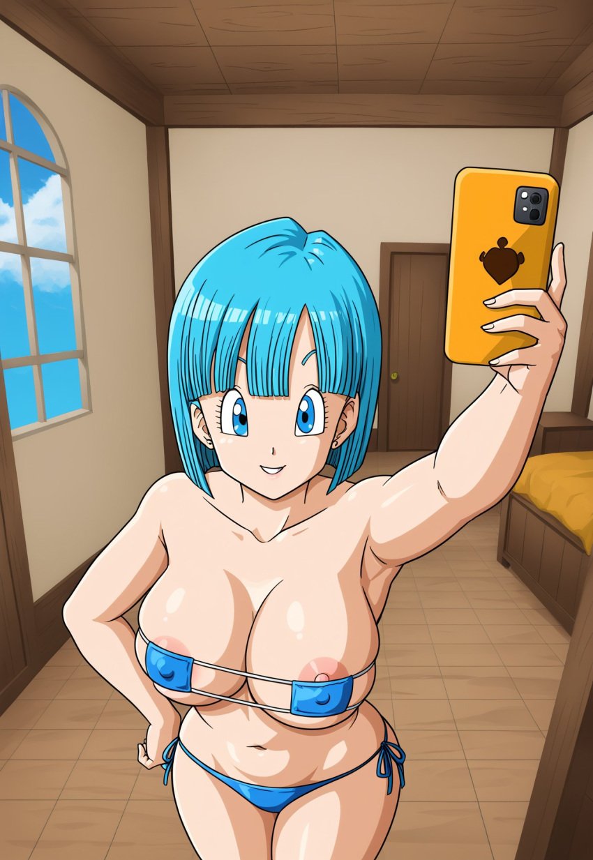 ai_generated big_breasts bikini blue_eyes blue_hair bob_cut bulma_briefs bulma_briefs_(frieza_saga) civitai dragon_ball dragon_ball_z eyepatch_bikini hard_nipples holding_object holding_phone large_breasts nipple_slip nipples object_in_hand see-through_bikini see-through_clothing selfie selfie_pose smartphone smile straight_hair