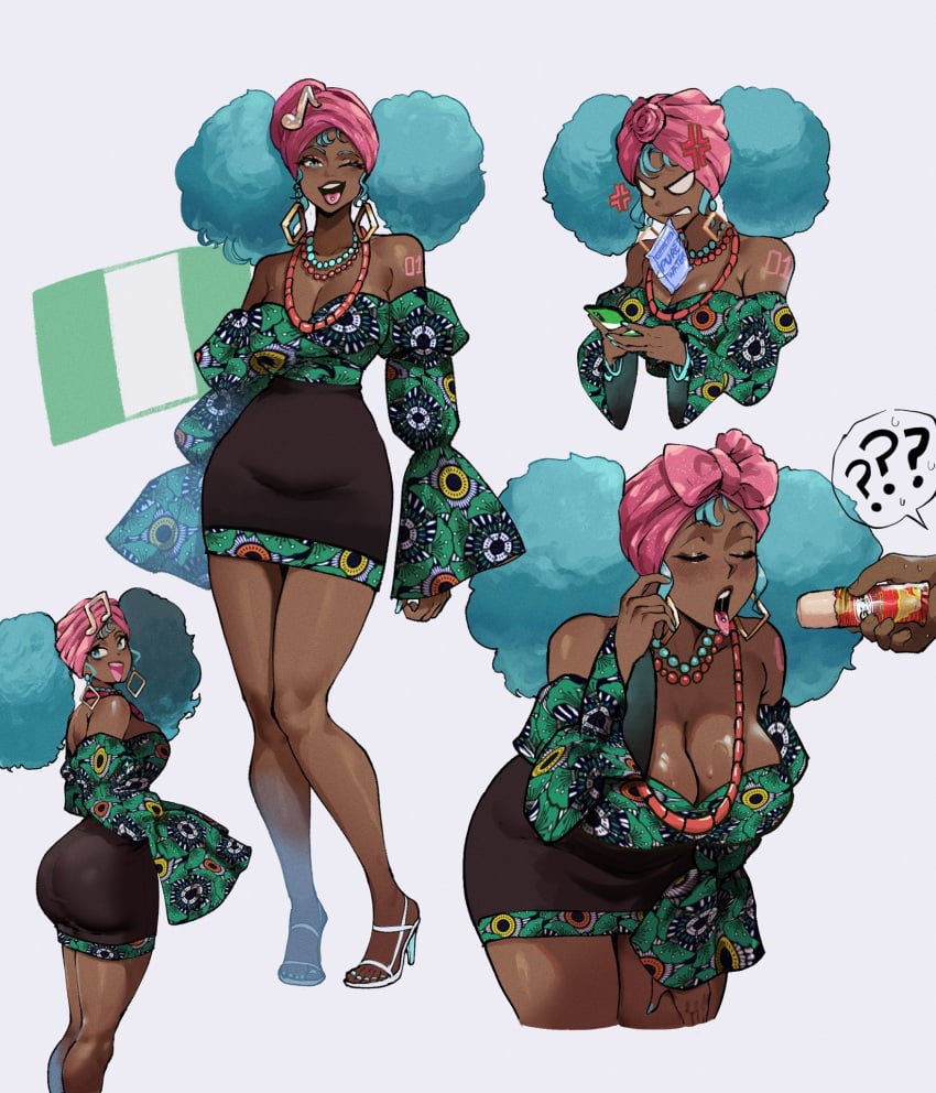 1girls afro afro_puffs alternate_skin_color aqua_eyes aqua_hair big_ass big_breasts black_skirt blackwashed cleavage clothed clothed_female collage dark-skinned_female dark_skin detached_sleeves female food gold_earrings hatsune_miku headscarf high_heels hoop_earrings latin_american_hatsune_miku_(meme) nigerian nigerian_flag nigerian_miku phallic_symbol piercing shoulder_tattoo skirt solo tattoo textless textless_version thiccwithaq toenail_polish tongue_piercing traditional_clothes vocaloid