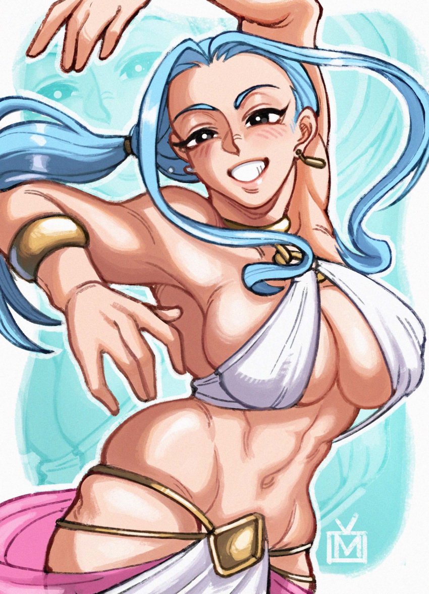 1girls bare_arms bare_legs bare_shoulders bare_thighs big_breasts blue_eyes blue_hair blush clothed clothing color female female_focus female_only harem_outfit hi_res large_breasts light-skinned_female light_skin long_hair looking_at_viewer makdraw25 nefertari_vivi one_piece shounen_jump solo solo_female tagme thick_thighs