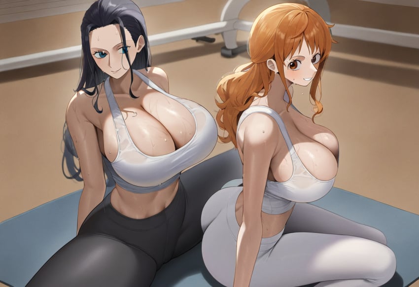 2girls ai_generated big_ass big_breasts big_butt blush blushing_female blushing_profusely bubble_ass bubble_butt cleavage deep_cleavage dripping female female_only from_side gym_uniform huge_ass huge_breasts large_breasts looking_at_viewer massive_breasts nami nami_(one_piece) narrow_waist naughty_face nico_robin one_piece realistic revealing_clothes seductive seductive_eyes seductive_look seductive_smile self_upload sweatdrop sweating sweaty sweaty_body sweaty_breasts sweaty_butt sweaty_clothes thick_thighs wet wide_hips yeetyboi5000 yoga yoga_mat yoga_pants