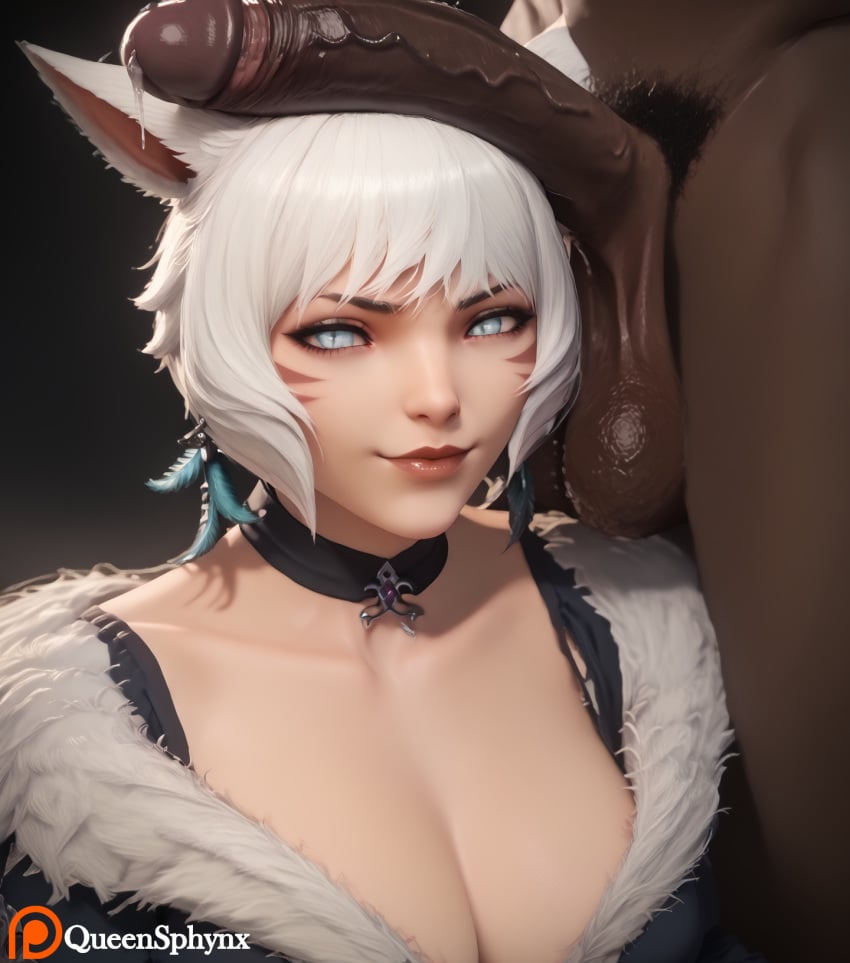 1boy 1girls ai_generated animal_ears black_background black_penis breasts cat_ears cat_girl cleavage dark-skinned_male dark_skin erection female final_fantasy final_fantasy_xiv fur_trim interracial large_breasts large_penis light-skinned_female light_skin looking_at_viewer male miqo'te penis penis_on_head precum queensphynx robe short_hair slit_pupils smirk square_enix testicles uncensored upper_body white_eyes white_hair y'shtola y'shtola_rhul