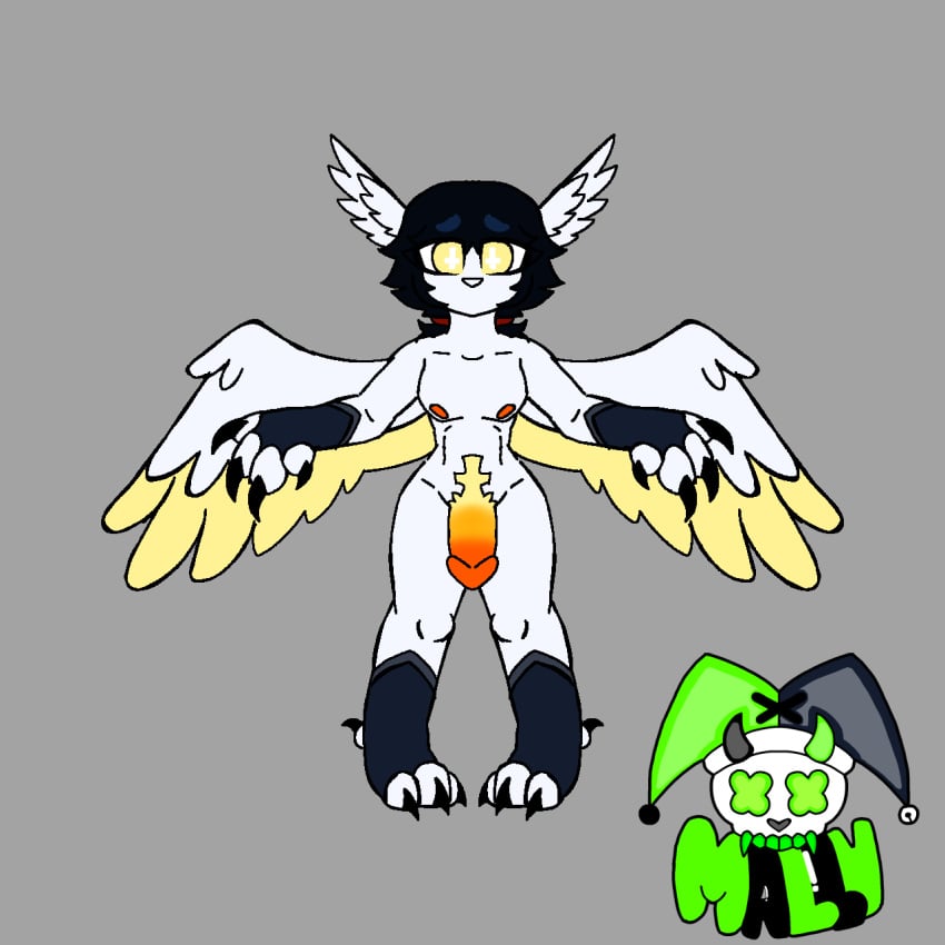 angel angel_boy angel_wings black_hair black_legwear embarrassed femboy femboy_only glowing_penis naked naked_male orange_dick paws shy shy_expression white_body white_skin yellow_eyes